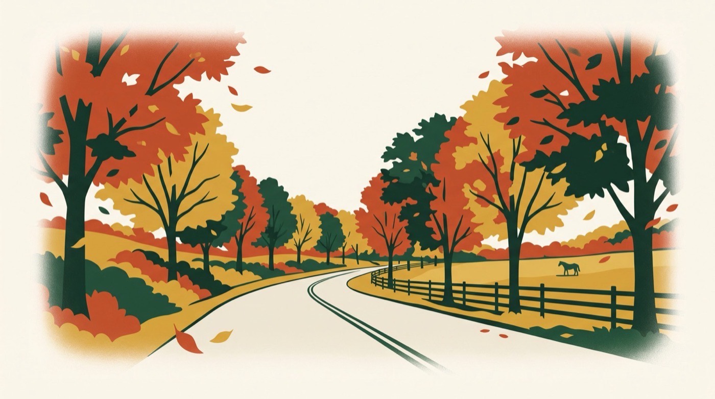 Illustration of a two-lane road curving through fall trees beside a three-board fence, with a horse in the distance