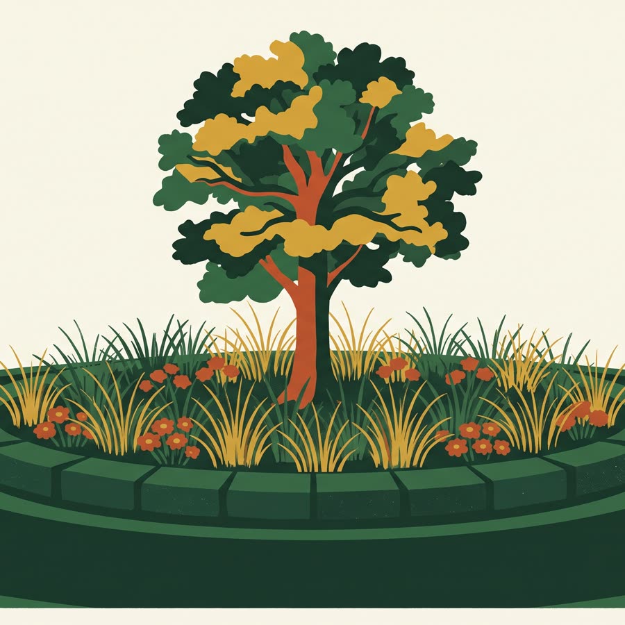 Illustration of a planted center island: a young oak among gold grasses and orange flowers inside a low stone curb.