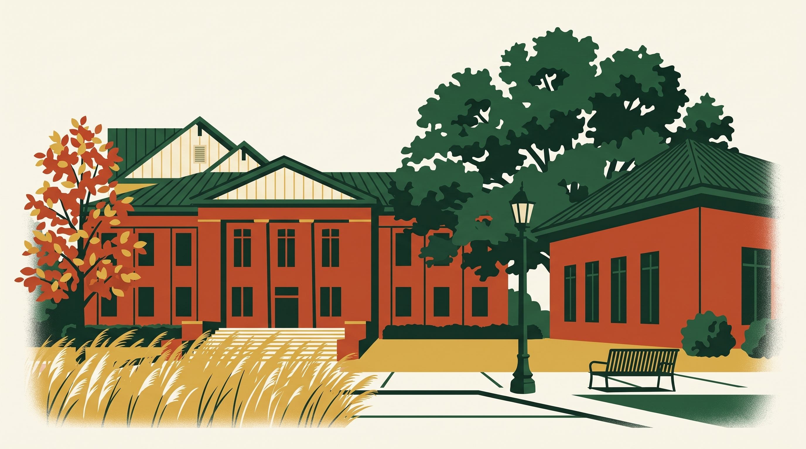 Illustration of Milton City Hall among oaks and golden grasses