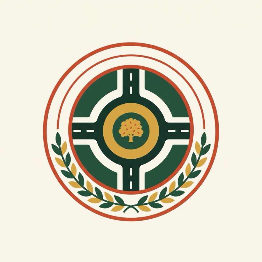 The Founding Lane badge: a roundabout emblem with an oak at its center, ringed in orange, with laurel leaves below.