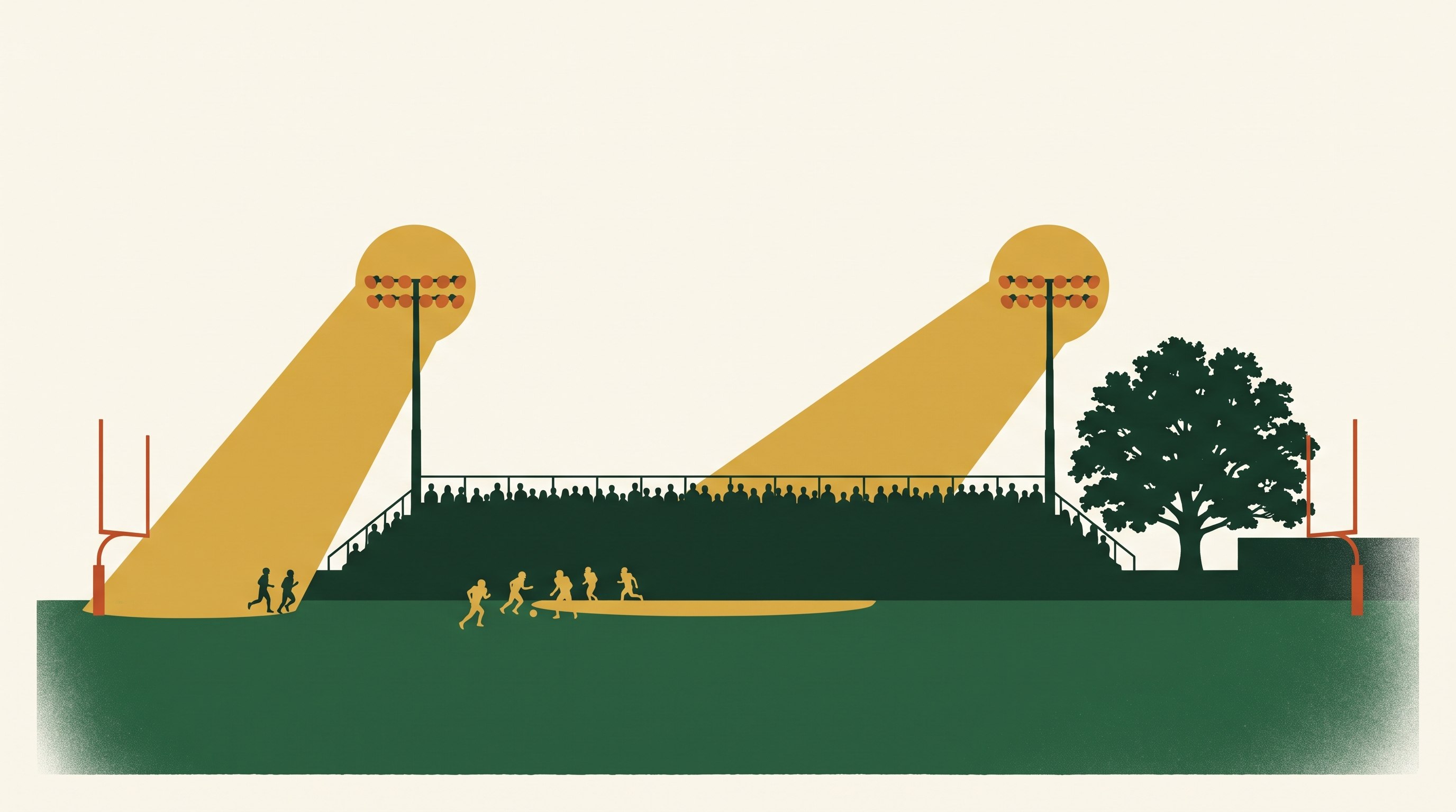 Illustration of a high-school stadium at dusk, lights glowing
