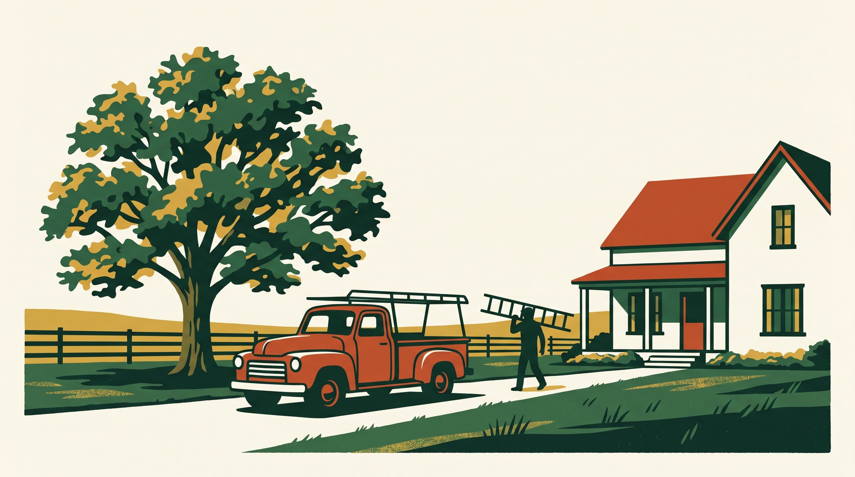 Illustration of a work truck and ladder at a Milton farmhouse