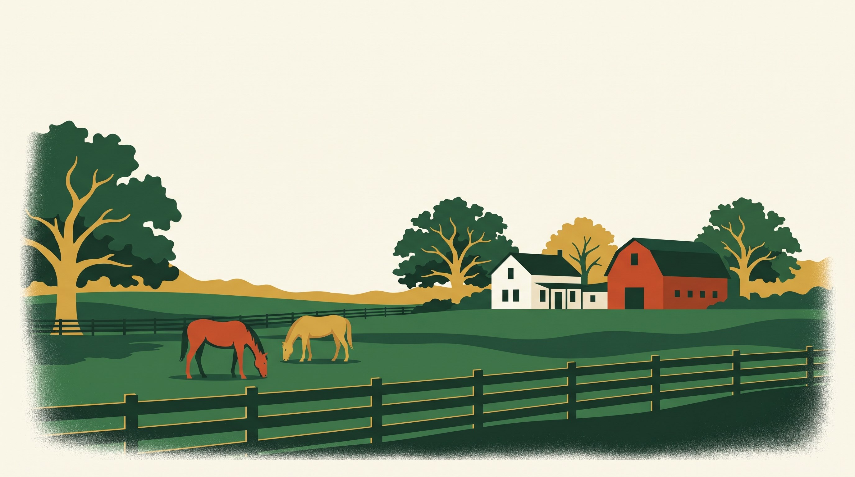 Illustration of horses grazing before a Milton farmhouse