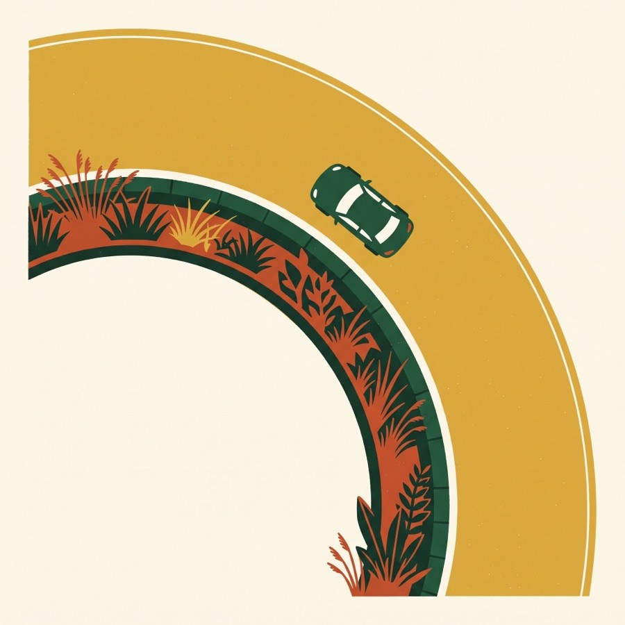 Illustration of a small green car driving the gold inside lane of a roundabout, beside the grasses of the center island.