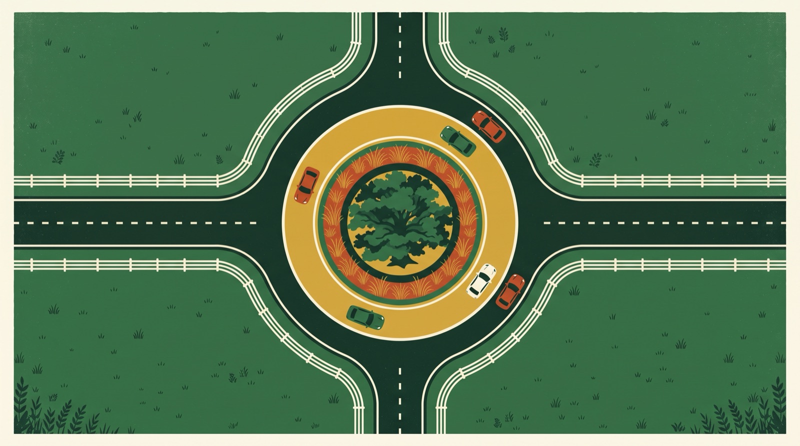 Illustration of a country roundabout seen from above: cars circle a wide gold lane around an oak tree on the center island, with white horse fences along the four roads.