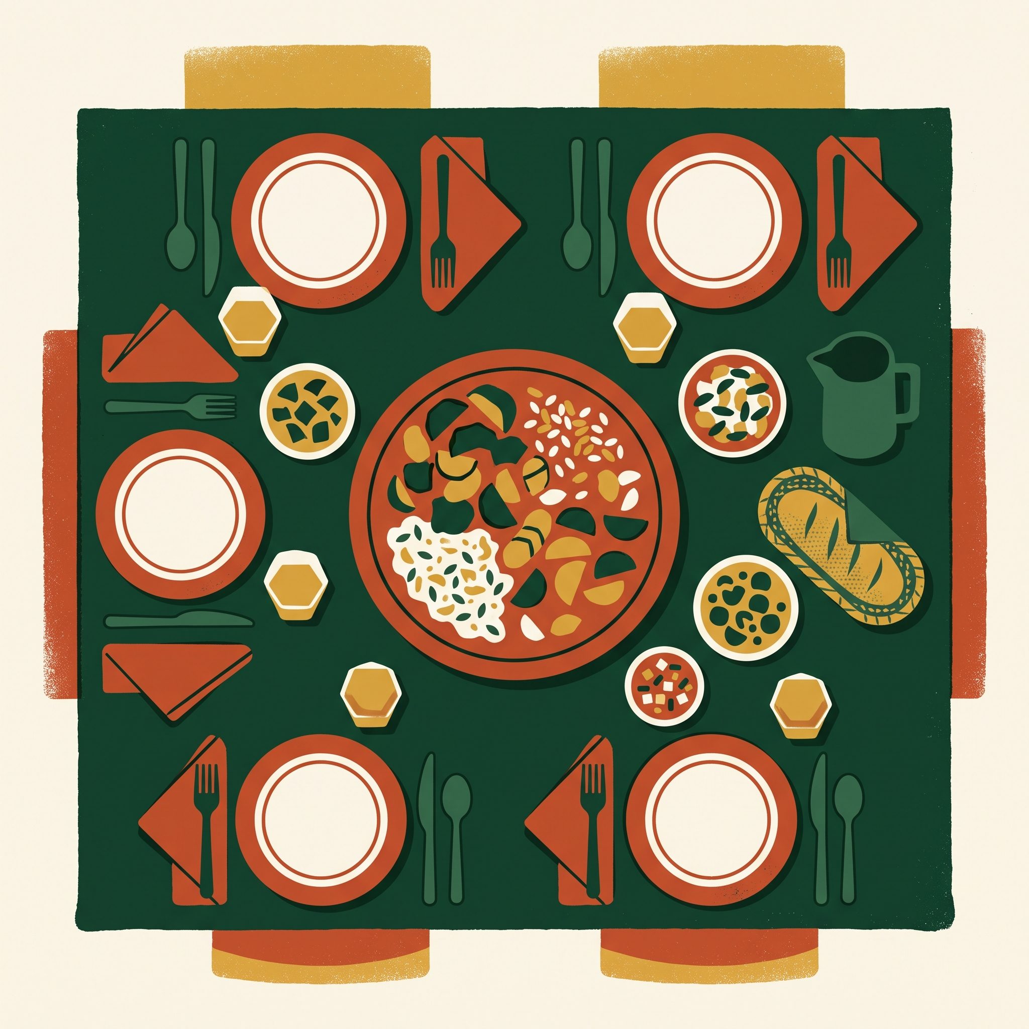 Illustration of a shared dinner table set family-style