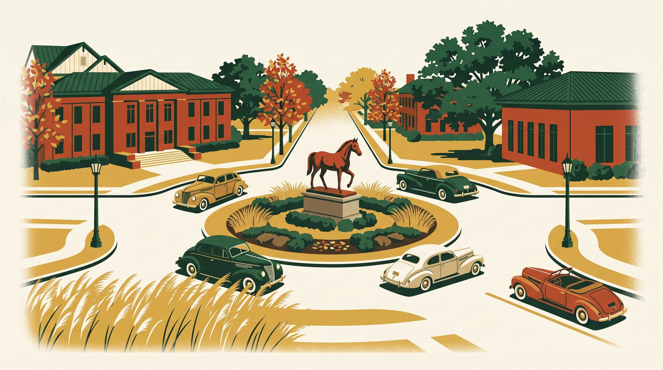 Illustration of a Milton roundabout with a horse statue at center