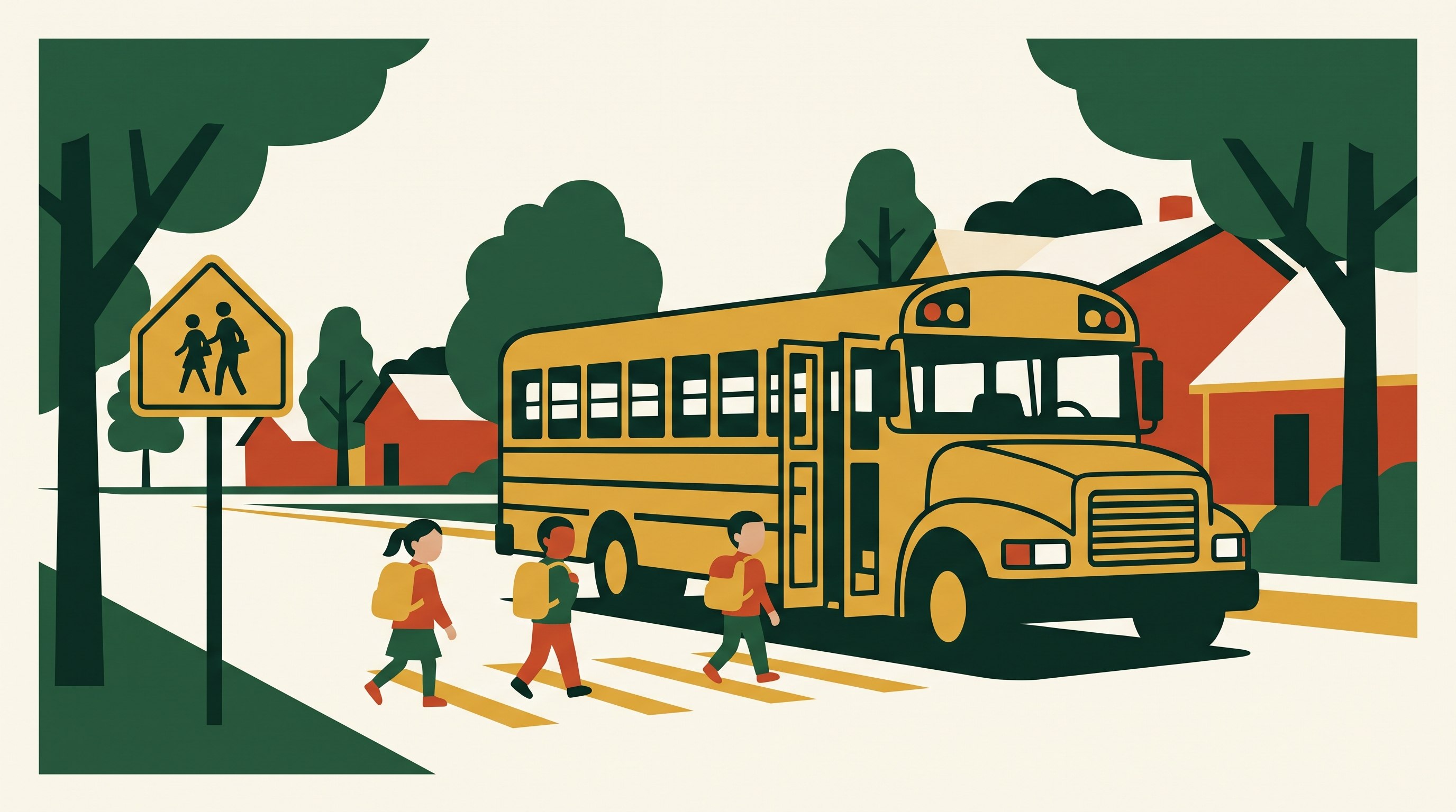 Illustration of a gold school bus on a tree-lined street