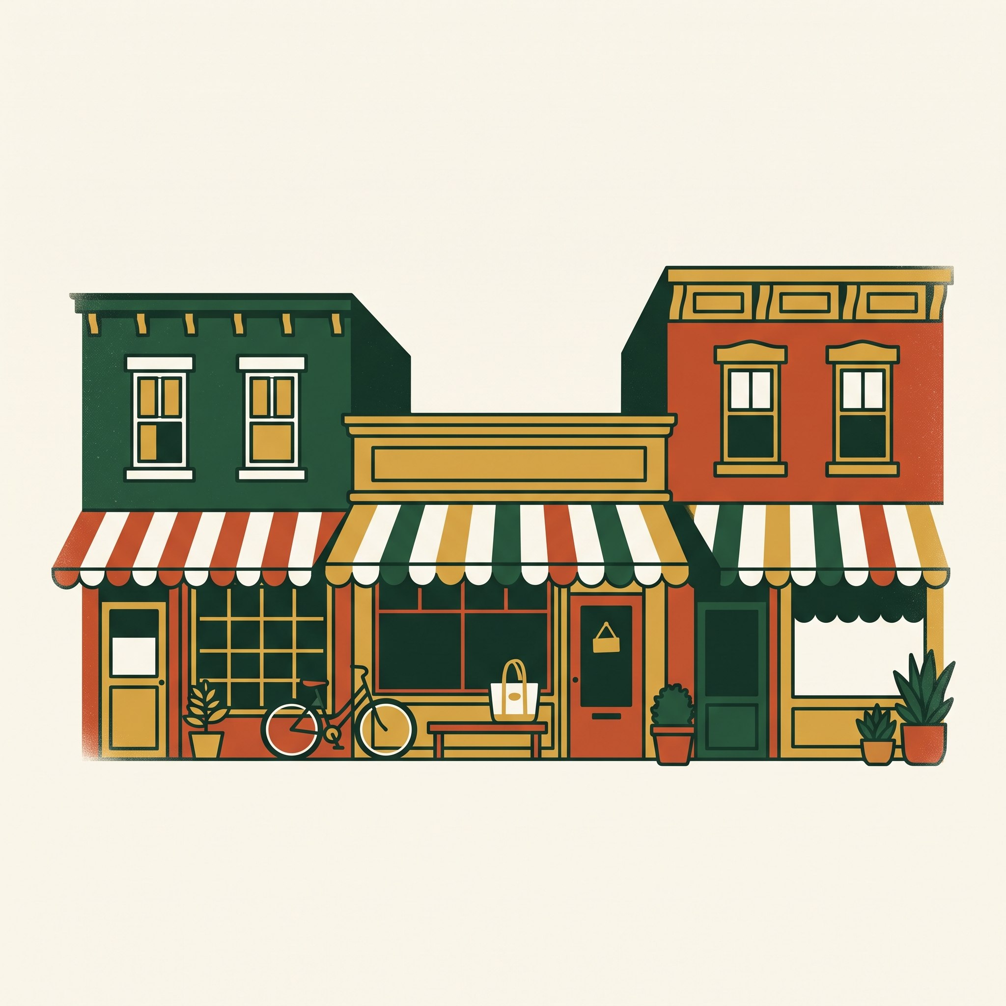 Illustration of small-town storefronts with striped awnings