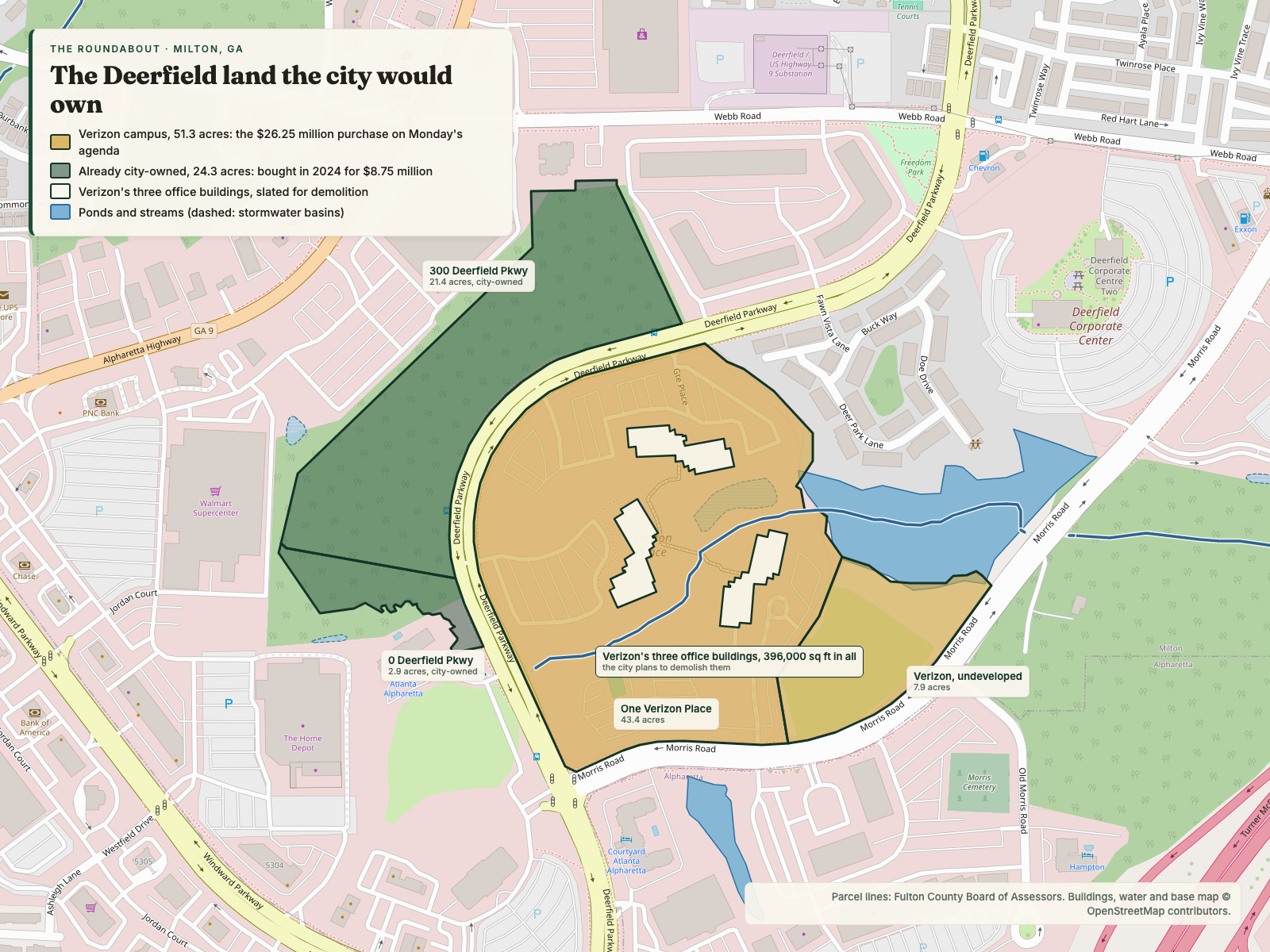 Map of Deerfield in Milton, Georgia, showing the two Verizon Place parcels the city proposes to buy, 51 acres shaded gold between Deerfield Parkway and Morris Road, and the two parcels the city already owns at 300 and 0 Deerfield Parkway, shaded green