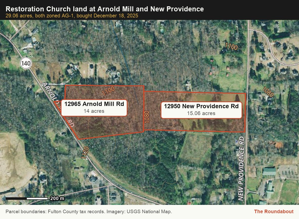 Overhead map showing two outlined parcels totalling 29 acres between Arnold Mill Road and New Providence Road in Milton