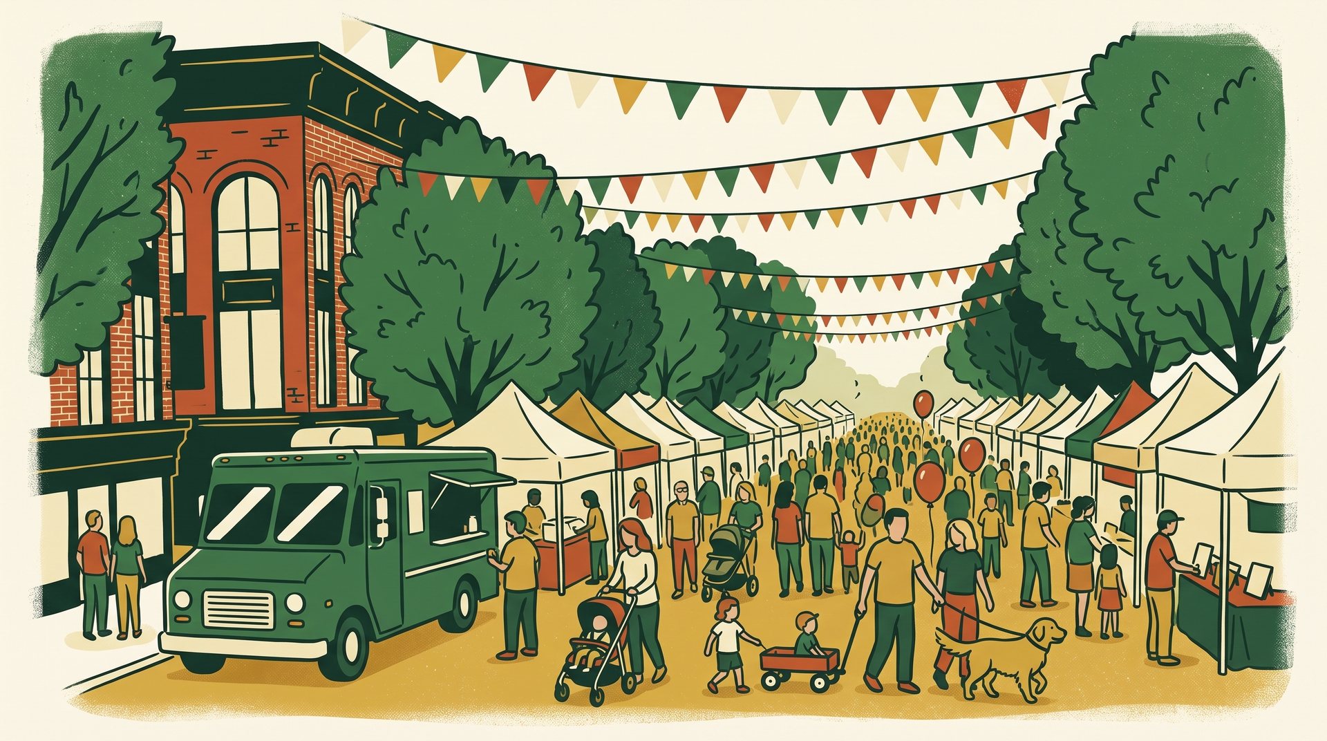 Illustration of Crabapple Fest: rows of white vendor tents down a closed street past a red-brick corner building, bunting strung overhead, families with strollers and a wagon, a green food truck, and a golden retriever on a leash
