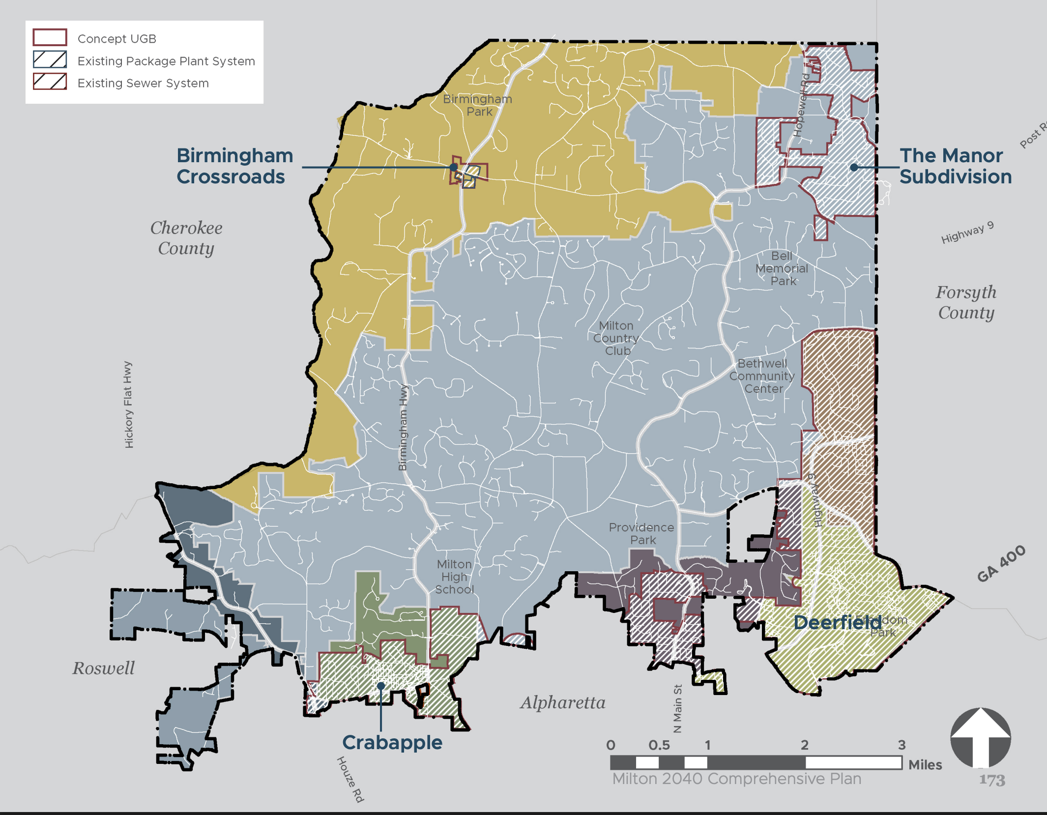 Milton's Urban Growth Boundary concept map, drawn against existing sewer extents. Most of Milton sits outside the boundary.