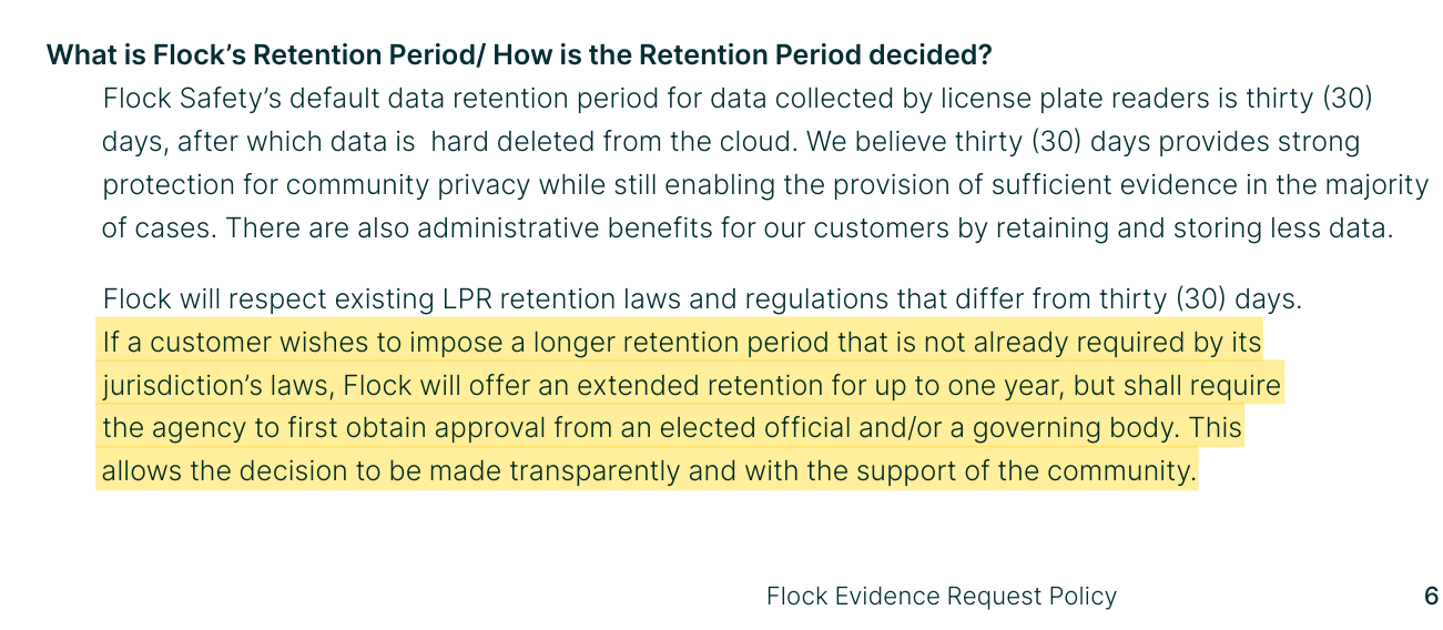 Page 6 of Flock Safety's Evidence Request Policy as the Internet Archive saved it on April 8, 2025, with the two sentences requiring approval from an elected official or governing body highlighted